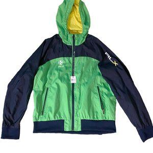 NEW! RLX Ralph Lauren Athletic Track Jacket!  Green & Navy  Mesh Lined  Hood